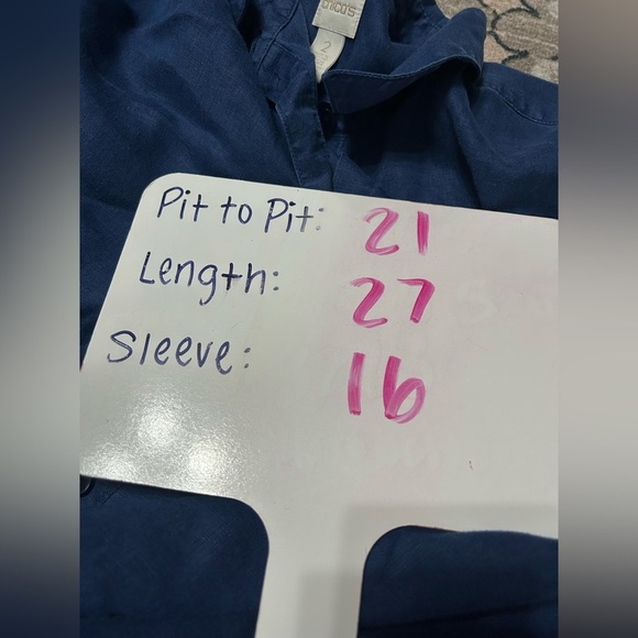 Chicos Button Up Blouse Top Sz 2 (LG) 100% Linen Blue Beachy Coastal Lightweight - Picture 4 of 5